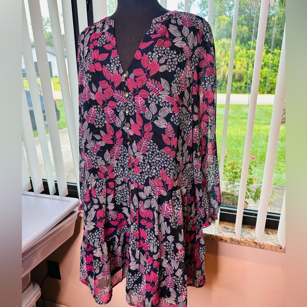 LOFT Black and Pink Floral Sheer Long Sleeve Low Waist Dress Size Medium- NEW